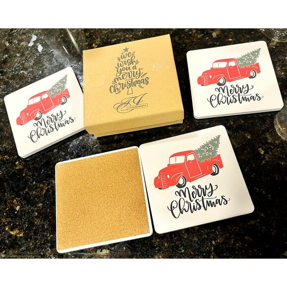 Red Truck Christmas Coaster Set - Picture 2 of 4